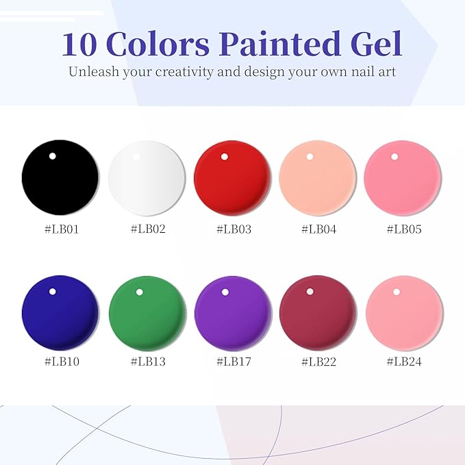 JODSONE Nail Art Gel Liner Set 10 Colors White Red Black White Gel Nail polish Need U V Lamp Cured with Thin Brush
