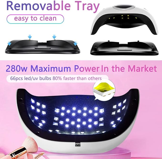 280W UV LED Nail Lamp, Fast Nail Curing Lamps for Home & Salon, 66 Beads Led Nail Dryer for Gel Polish with Automatic Sensor/4 Timer Setting, Handle Professional Nail Art Tools
