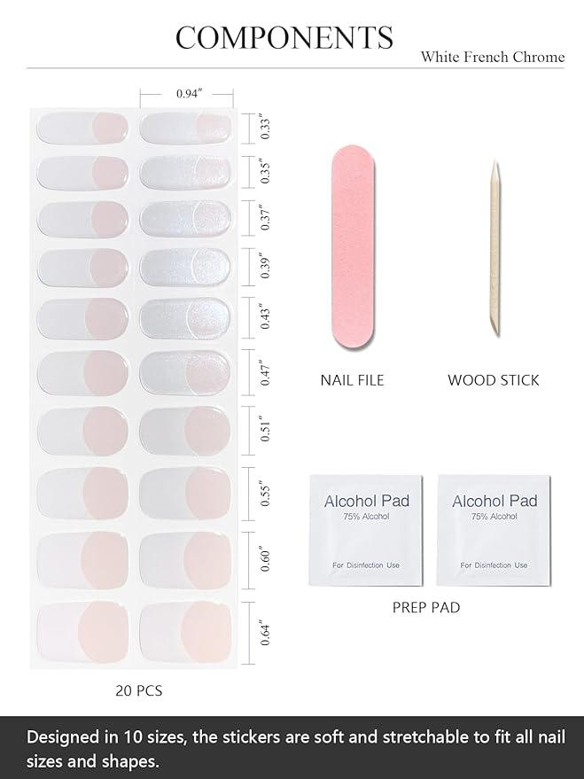 Semi Cured Gel Nail Strips (White French Chrome), Pearl, Glazed, 20 Pcs Gel Nail Wraps, Stickers, UV Light Required, Salon Quality, Long Lasting