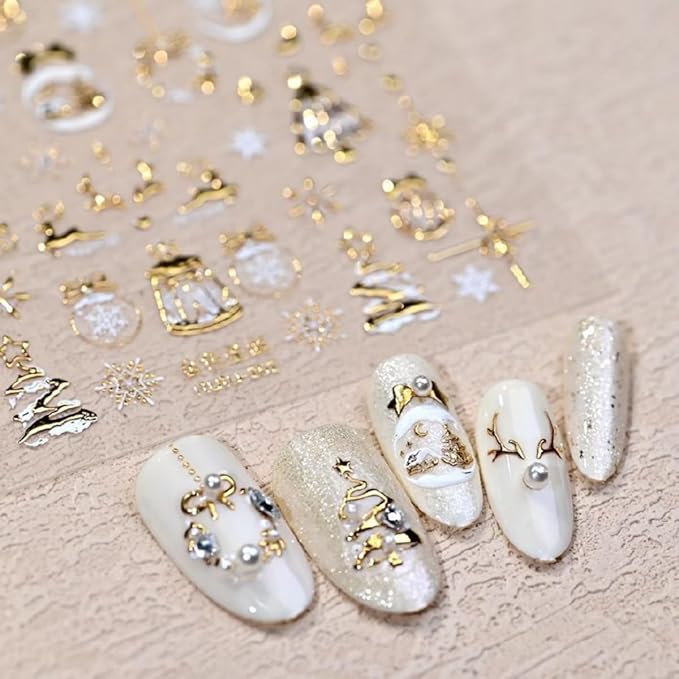 Christmas Nail Sticker 5D Embossed Gold Xmas Tree Reindeer Snowman Nail Art Sticker Self Adhesive Nail Decals Snowflake Nail Art for Women Girls Manicure Supplies Nails Art Decorations