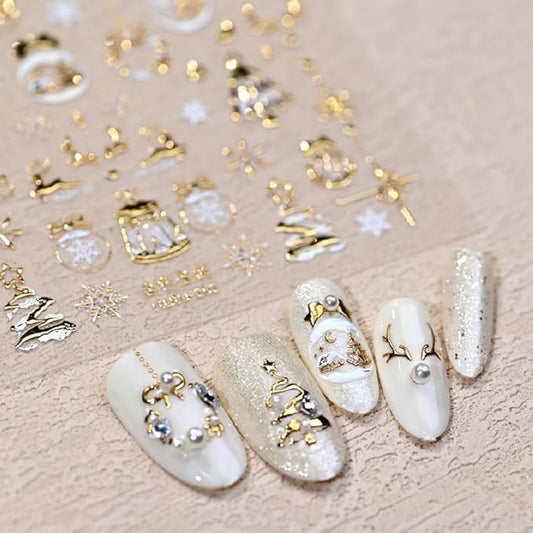 Christmas Nail Sticker 5D Embossed Gold Xmas Tree Reindeer Snowman Nail Art Sticker Self Adhesive Nail Decals Snowflake Nail Art for Women Girls Manicure Supplies Nails Art Decorations