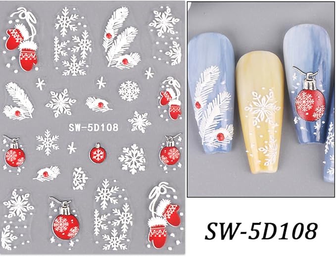 5D Embossed Christmas Nail Stickers for Nail Art - Lantern Nail Art Stickers Xmas Glove Snowflakes Nail Decals Cartoon Feather Nail Supplies for Women DIY Manicure Decorations 2 Sheets