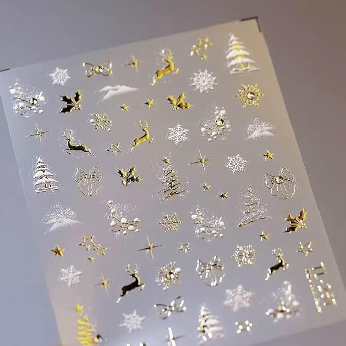 Christmas Nail Art Stickers 5D Embossed Gold Silver Elk Nail Stickers Self-Adhesive Rhinestone Snowflake Bow Xmas Tree Star Elk Nail Decals for Women Girls Winter Holiday Manicure 2 Sheets