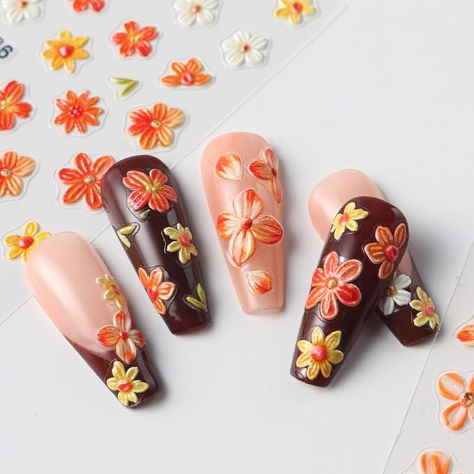 2Pcs Thanksgiving Nail Stickers Fall Decals for Nail Art Orange Flowers Nail Design White Flowers Nails Supplies 5D Embossed Yellow Flower Nials Acrylic Accessories for Women DIY Manicure Decoration