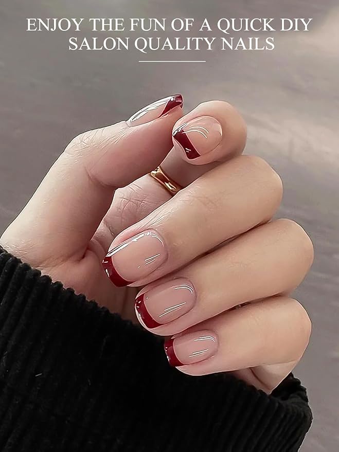 EBANKU 20Pcs Semi-Cured Gel Nail Strips, Dark Red French Nail Sticker, Lasting Waterproof Full Wraps Stickers for Salon Manicures, Perfect for Women, Girl with File and Stick