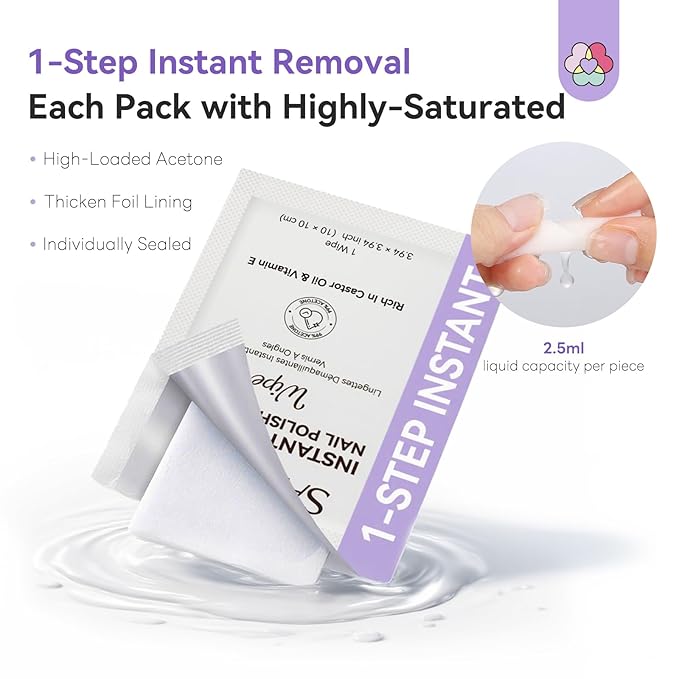 SAVILAND Advanced Nail Polish Remover Pads: 100 PCS Acetone Nail Polish Remover Wipes Super-sized 1-Step Instant Removal For Nails Pad Non-Irritant Individually Wrapped Pads For Salon Use