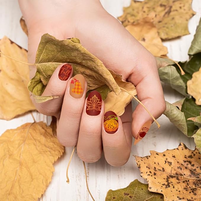 ALIBBON 6 Pcs Fall Nail Stamping Plates Set, Leaves Background Nail Art Stamp Templates, Autumn Tree Stamp Templates Kit, Happy Thanksgiving Day Metal Nail Plates for DIY Printing Decor 4.7×2.4"