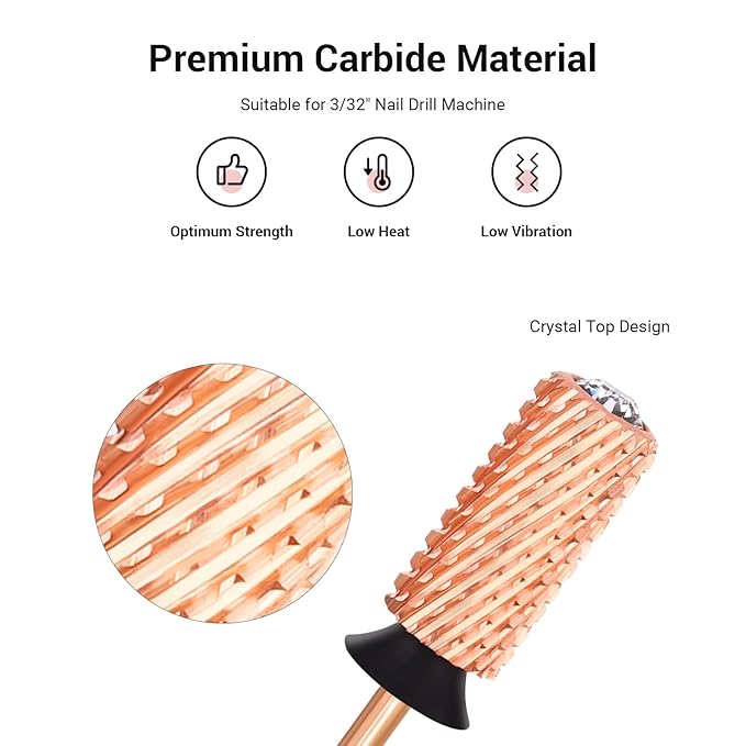 MelodySusie Crystal Top Nail Drill Bits, 3/32'' Large Barrel Carbide Bits, Suitable for Manicure Pedicure Cuticle Gel Polishing, Beginners Bits, Rose Gold, Series Bit-S, Extra Coarse