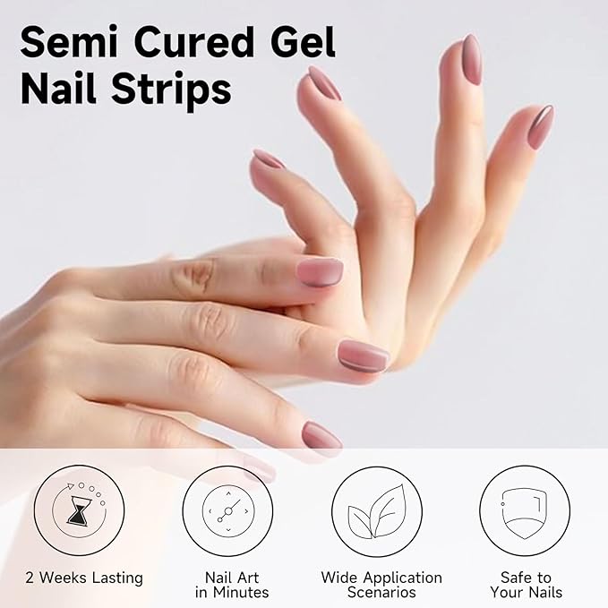 Semi Cured Gel Nail Strips, 28 pcs Gel Nail Stickers, Work with Any UV Lights, Long-Lasting Nail Wraps, Stick on Nails for women Easy to Apply & Remove