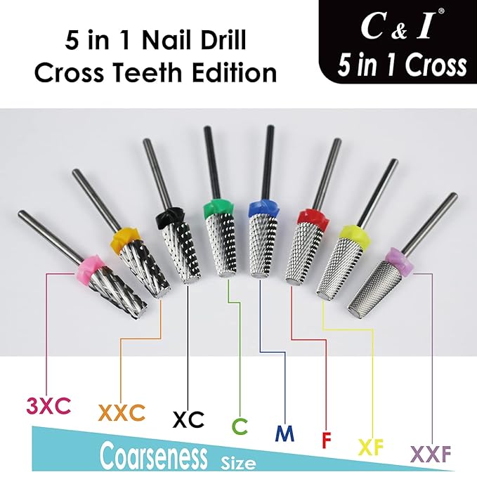 C & I 5 in 1 Multi-Function Tapered Shape Nail Drill, Cross Teeth Edition, Professional Drill Bit for Nail Manicure Machine (Extra Fine - XF)