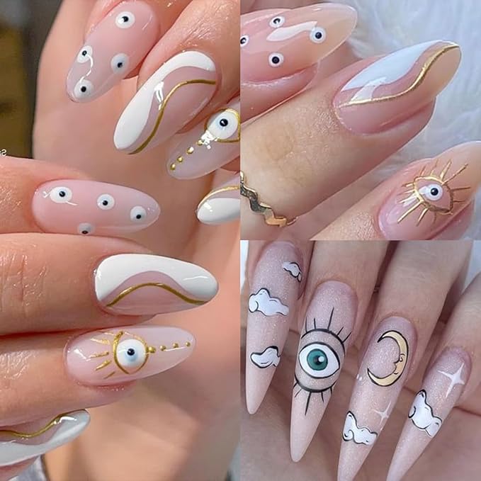 6 Sheets Goth 3D Self-Adhesive Star Flame Nail Stickers - Glitter Blue Eye Design, French Art, Holographic Decals for Women DIY Manicure