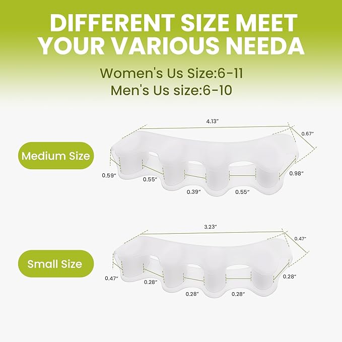 Bukihome Toe Separators, 4 Pair Soft Gel Toe Spacers to Correct Bunions, Toe Stretcher for Therapeutic Relief from Plantar Fasciitis, Foot Pain for Women & Men,White+S