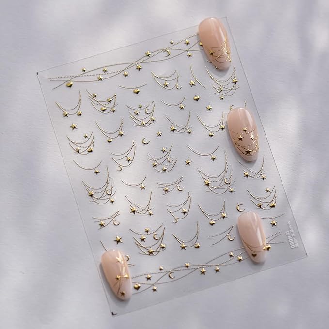 2 Sheets Star Nail Decals with Line Design, Gold Silver Star Nail Design Stickers, 3D Self-Adhesive Nail Stickers for Women DIY Daily Manicure Decoration Supplies Acrylic Nails Decoration
