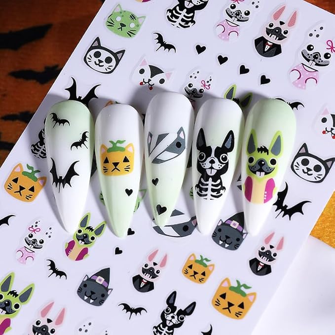 5 Pcs Halloween Nail Art Stickers,Pumpkin Spider Webs and Cute Ghost Designs 3D Self-Adhesive Nail Decals Skull Bat Halloween Nail Decorations DIY Manicure Supplies for Women Girls