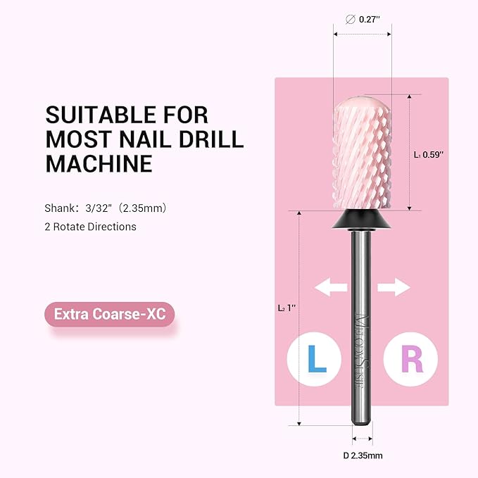 MelodySusie Ceramic Nail Drill Bit, 3/32'' Smooth Round Top Large Barrel Bits, Suitable for Manicure Pedicure Cuticle Gel Polishing, Beginners Bits, Pink, Series Bit-S, Extra Coarse