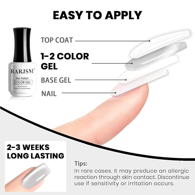 RARJSM Silver Diamond Cat Eye Gel Nail Polish Reflective Translucent Clear White Glitter Cateye Gel Polish 15ml Single Bottle with Magnet Stick UV LED Curing Requires Soak Off for Home Salon