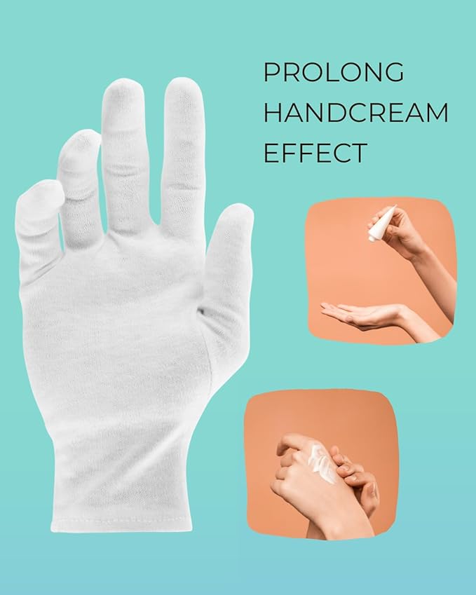 Cotton Gloves (2 Pairs), White, Moisturizing Night Gloves for Dry Hands, 100% Cotton, Size L