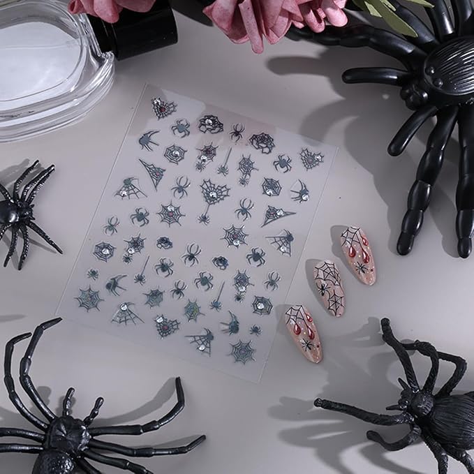 2 Sheets Halloween 5D Embossed Nail Stickers for Nail Art Red Black Spider Web Nail Decals Self-Adhesive Spider with Glitter Rhinestones Nail Design Decals Goth Halloween Nails Supply for Women DIY
