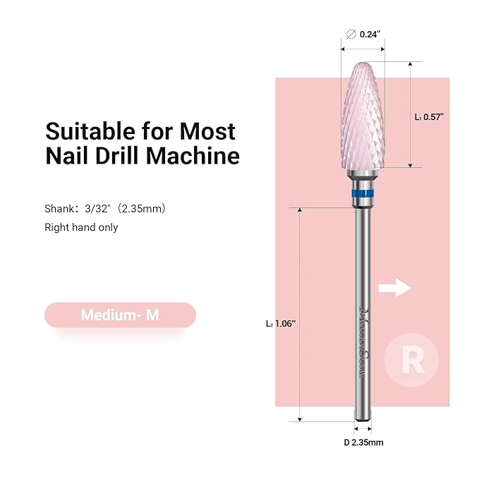 MelodySusie Ceramic Nail Drill Bit, 3/32'' (2.35mm) Professional Acrylic Nail File Flame Drill Bit for Manicure Pedicure Cuticle Gel Nail Polishing, Beginners Bits, Pink, Series Bit-S, Medium