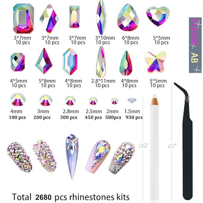 2680Pcs AB Nail Rhinestones, Big Colorful AB Nail Charms, Diamond Gems Stones with 2560Pcs AB Flatback Round Beads, Clear Acrylic Colored Glass Jewelry for Nails Faces Eyes Makeup Decoration