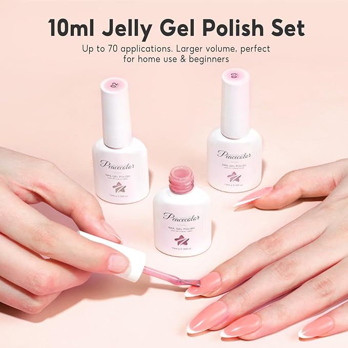 Peacecolor Jelly Gel Nail Polish Set 10ML 6pcs Pink Nude White Sheer Transparent Colors Soak Off Gel Polish Nail Art Manicure Gifts for Women Salon DIY at Home