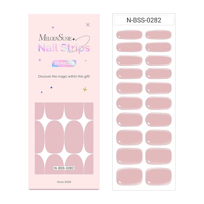 MelodySusie Semi Cured Gel Nail Strips (Camille Pink), Works with Nail Lamp, Salon Quality, Long Lasting, Easy to Apply and Remove, Includes 20Pcs, 2 Prep Pads, Nail File and Wooden Stick