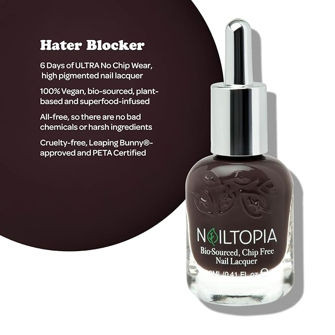 Nailtopia Bio-Sourced, Chip Free Nail Lacquer - All Natural, Strengthening Biotin and Superfood-Infused Polish - Chip Resistant Formula - Quick-Dry, Long Lasting Wear - Hater Blocker - 0.41 oz