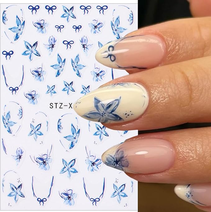 6Sheets Spring French Nail Stickers 3D Self Adhesive Flower Nail Decals Elegant Tulip Flower Bow Nails Art Stickers Blue Hibiscus Floral Nails Art Design Supplies for Women Girls DIY French Manicure