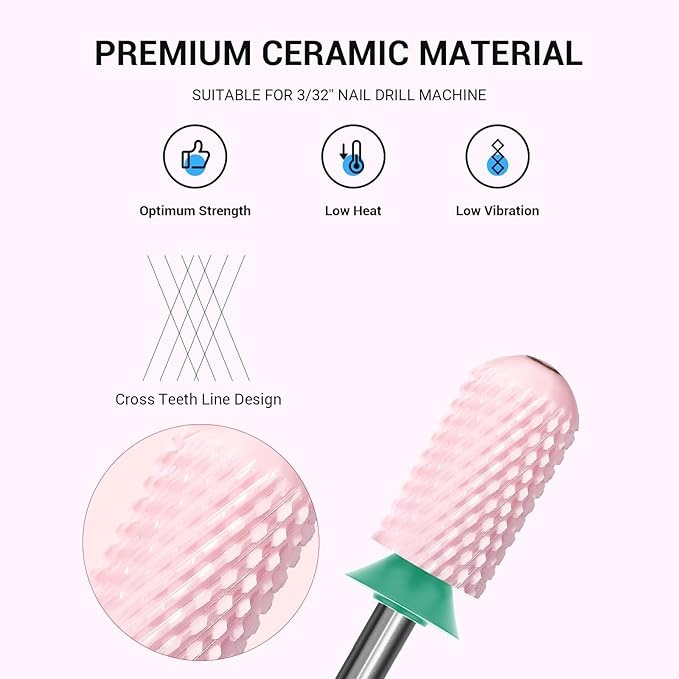 MelodySusie Ceramic Nail Drill Bit, 3/32'' Smooth Round Top Large Barrel Bits, Suitable for Manicure Pedicure Cuticle Gel Polishing, Beginners Bits, Pink, Series Bit-S, Coarse