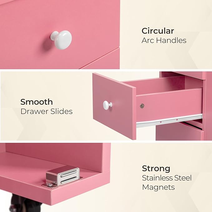 Winado Foldable Manicure Table for Nail Tech, Nail Desk Station Makeup Beauty Salon Storage Acetone Resistant w/Electric Dust Collector, Lockable Wheels, Wrist Cushion, Drawers & Cabinet, Pink