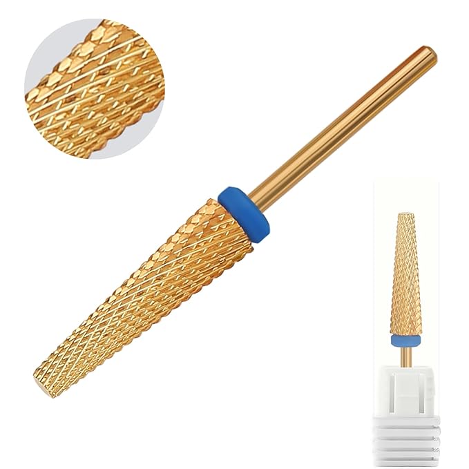 Super Long 5 in 1 Nail Drill Bits, Professional 3/32'' Carbide Tungsten Two Way Rotary Nail Cleaner Nail Bits, Suitable for Manicure Pedicure Cuticle Gel Polishing Acrylic Nails(Gold, Medium-M)