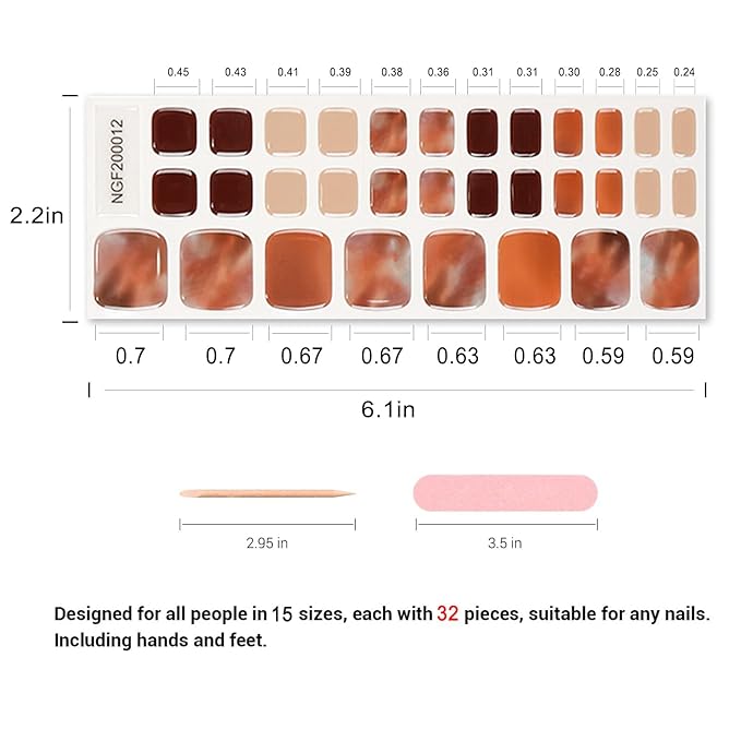 Semi Cured Gel Toenail Strips, 32 Mocha Marble Gel Toenail Stickers - Works with Any UV Lamps Pedicure Strips Full Nail Wraps with Nail File & Wood Stick