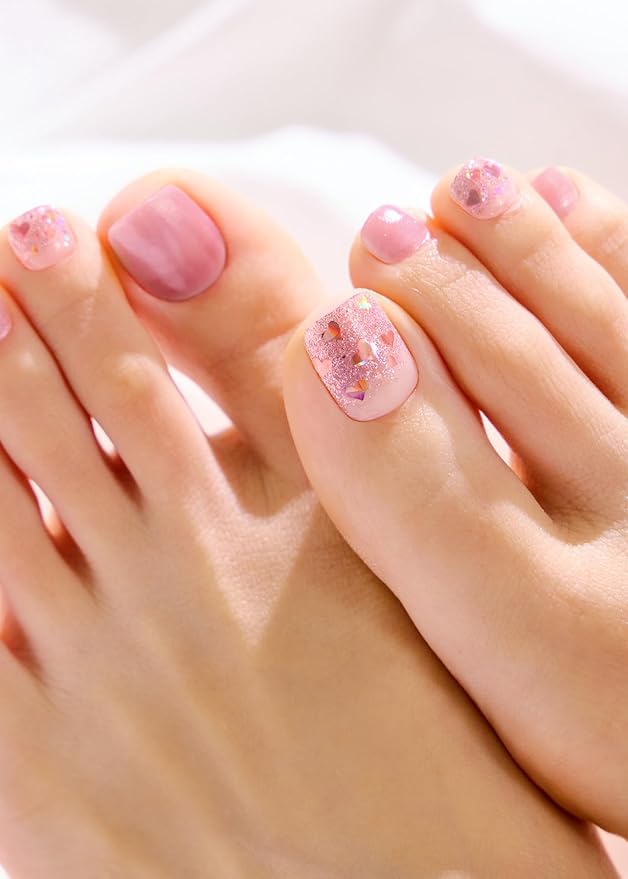 ohora Semi Cured Gel Pedi Strips (P Heart Glimmer) - Works with Any Nail Lamps, Salon-Quality, Long Lasting, Easy to Apply & Remove - Includes 2 Prep Pads, Nail File & Wooden Stick