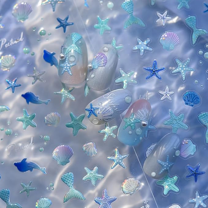 Summer Nail Art Stickers 5D Embossed Shell Starfish Nail Stickers Cute Dolphin Mermaid Nails Art Design Ocean Sea Theme Nail Decals Self Adhesive Nails Supplies for Women Manicure Decoration