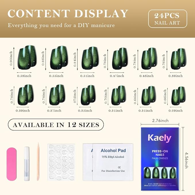 evpct Emerald Green Cat Eye Coffin Press on Nails Square Medium, Medium Square Glue on Nail for Women Gift, Green Metallic Glitter Glossy Reusable Soft Gel Press on Acrylic Fake Nail with Designs