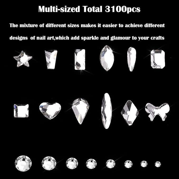 Nail Rhinestones Kit, Nail Art Decorations Flat AB Rhinestones Kit DIY Crafts Gemstones for Nail, Shoes, Clothes, Jewels (600 Clear Diamonds + 2500 Flat Rhinestone)