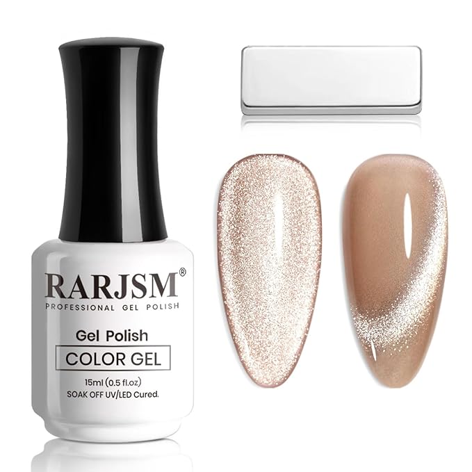 RARJSM Cat Eye Gel Nail Polish Nude Skin Tone Color Silver Glitter 15ml 9D Cateye Galaxy Universal Shimmer Velvet Ice Gel Polish with Magnetic Stick UV LED Curing Require Soak Off Home Salon
