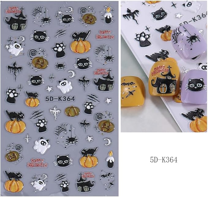 2 Sheets Halloween Nail Stickers for Nail Art, 5D Embossed Self-Adhesive Pumkin Cat Spider Web Nail Decals, Ghost Nail Supplies Nail Art Design Accessories for Women and Girls Manicure DIY Decoration