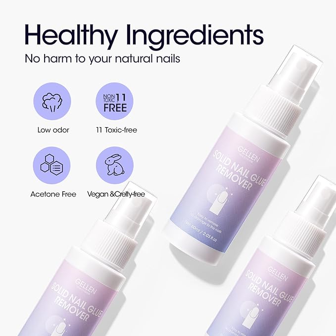 Gellen Solid Gel Nail Glue Remover Spray, 60ML Nail Glue Remover for Press On Nails Acrylic Nails Fake Tips, Acetone Free Soak Off Press-on Nail Removers Glue Off, Not UV Gel Polish Removers