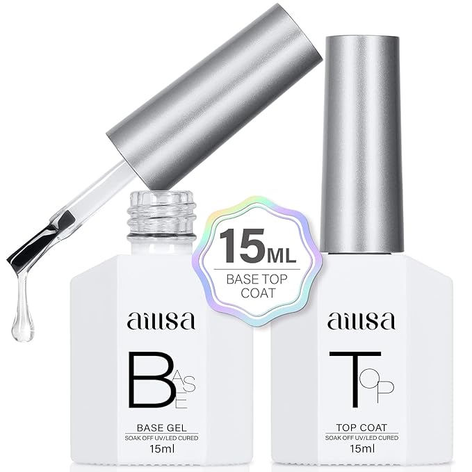 AILLSA Base and Top Coat Gel Nail Polish Top and Base Coat Nail Polish Soak Off Long Lasting Clear Base Gel High Gloss Shine No Wipe Top Coat for DIY Nail Art at Home 0.51 Fl Oz