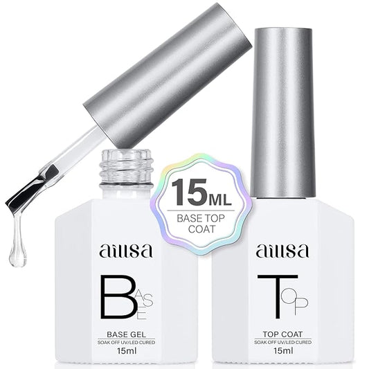 AILLSA Base and Top Coat Gel Nail Polish Top and Base Coat Nail Polish Soak Off Long Lasting Clear Base Gel High Gloss Shine No Wipe Top Coat for DIY Nail Art at Home 0.51 Fl Oz