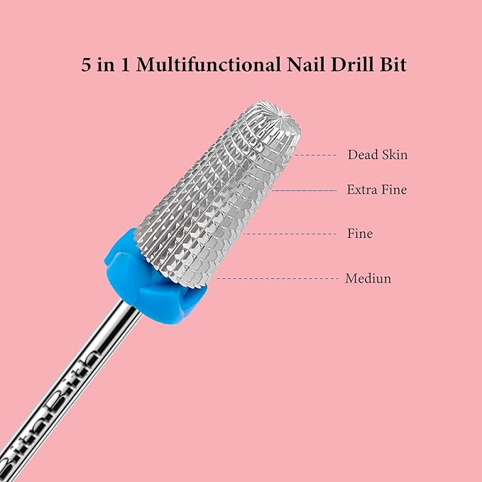 5 in 1 Nail Drill Bits, 3/32”Professional Carbide Drill Bits for Nails Multifunction Bit, Fast Remove Acrylic Hard Gel Cuticle Nail Efile Bit Manicure Pedicure,Two Way Rotate,Medium