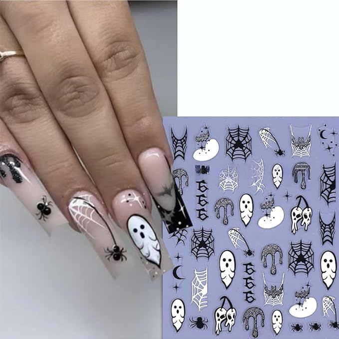 5Pcs Fall Nail Art Stickers Gold Sliver Pumpkin Maple Leaf Nails Decals 3D Self Adhesive Glitter Ghost Spider Web Spider Design Halloween Nail Stickers Holiday Nails Supplies for Women Salon Manicure