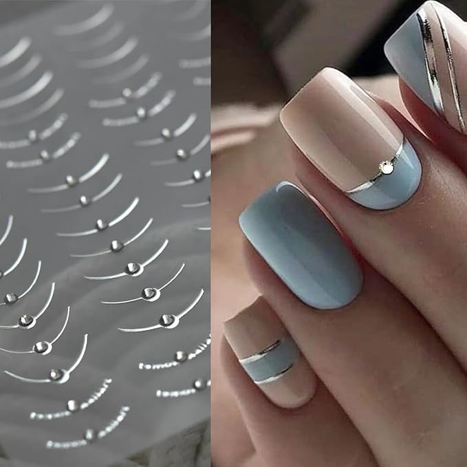 French Tip Nail Stickers for Nail Art, 3D Self-Adhesive Gold Silver French Tip Line with Crystal Diamond Nail Art Design Decals French Nail Sticker for Acrylic Manicure DIY Nail Art Accessories