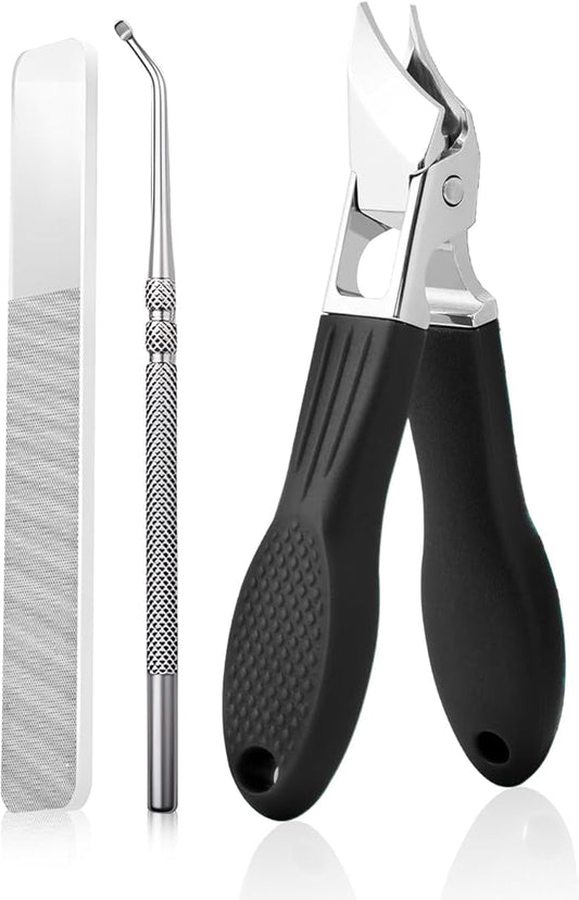 Eagle Beak Beveled Nail Clippers, Wide Jaw Opening Anti-Splash Slanted Nail Clipper Set, Eagle Beak Angled Nail Clippers 3-Piece Set, for Thick and Ingrown Nails (Black)
