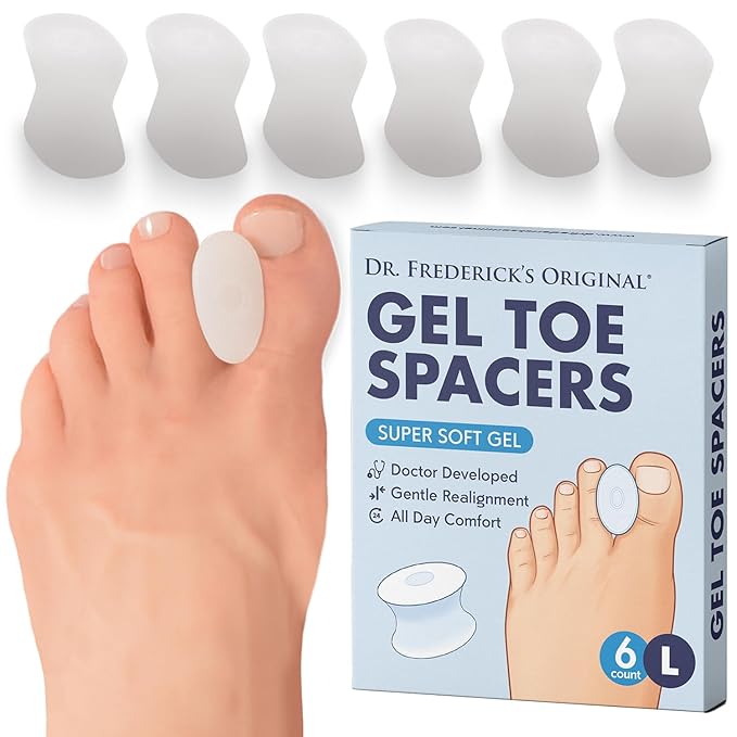 Dr. Frederick's Original Gel Toe Separators / Spacers - 6 ct - Temporary Bunion Corrector - Orthotic for Bunions & Overlapping Toe Pain - Ideal for Running, Yoga, and All-Day Foot Comfort - Large