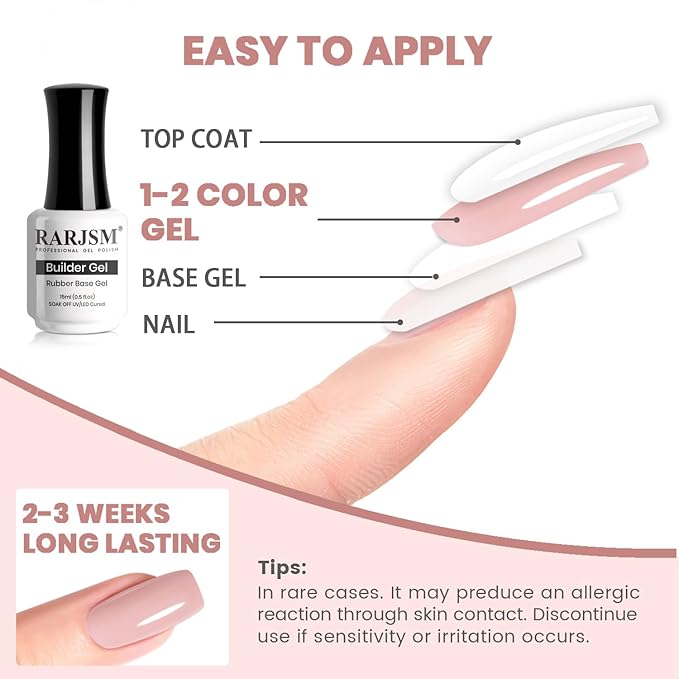 RARJSM Rubber Base Gel Nail Polish Tea Rose Pink Nude Skin Tone Rubber Base for Nails Natural Nude Color French Manicure Brush on Extend Gel Builder Soak Off Curing Requires 15ml Salon Home DIY