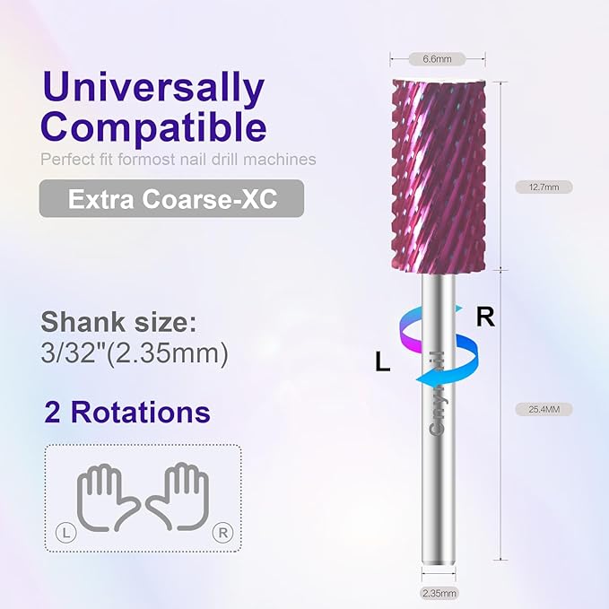3/32" Large Barrel Bit Tungsten Carbide Nail Drill Bit Safety Bit for Gel & Acrylic Removal, 2- Way Rotating Efile Tip, Salon Electric File Accessory (XC Girt, Purple)