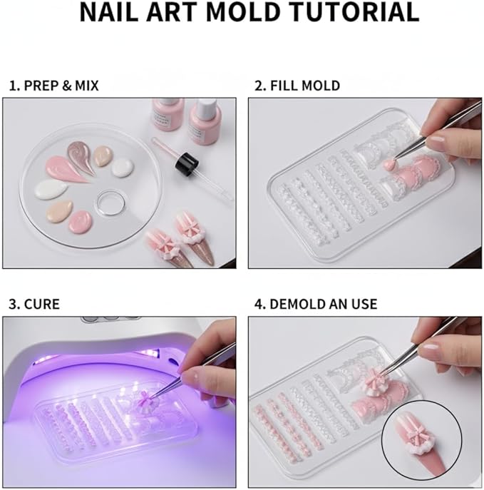 3D Lace Ruffle Nail Art Mold, Bowknot Flower Edge Soft Gel/Resin DIY Decoration Making, Clear Silicone Carving Tool for Acrylic & Gel Nail Extension Tips