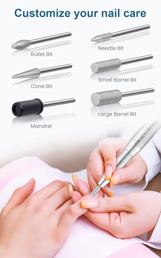 Nail Drills for Acrylic Nails Professional, Portable Electric Nail Filer Kit for Gel Nail with 6 PCS Nail Drill Bits and Sanding Bands Manicure Pedicure Polishing Shape Tools for Home Salon Silvery